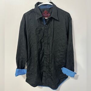 Men’s Robert Graham Black Textured Button-Up Shirt with Blue Accents Size Large
